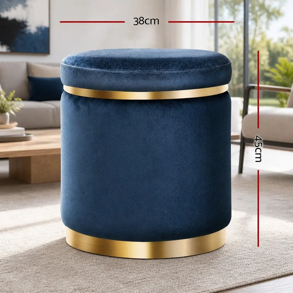 Ottoman Foot Stool Round Velvet Navy Tufted 38cm MDF Plywood Foam Padding Stainless Steel Gold Rings