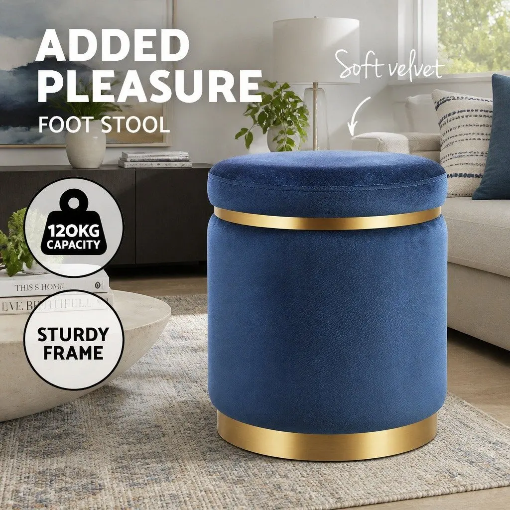 Ottoman Foot Stool Round Velvet Navy Tufted 38cm MDF Plywood Foam Padding Stainless Steel Gold Rings