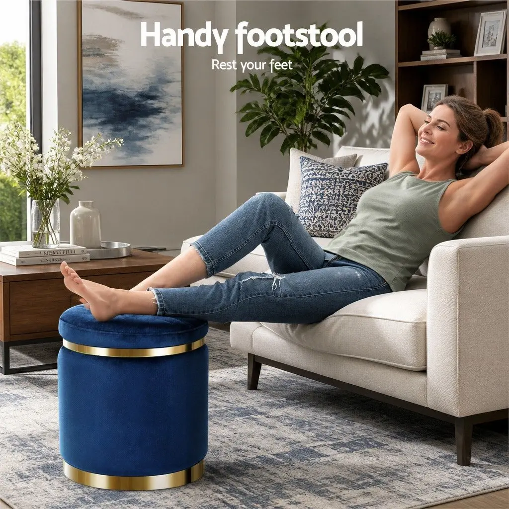 Ottoman Foot Stool Round Velvet Navy Tufted 38cm MDF Plywood Foam Padding Stainless Steel Gold Rings