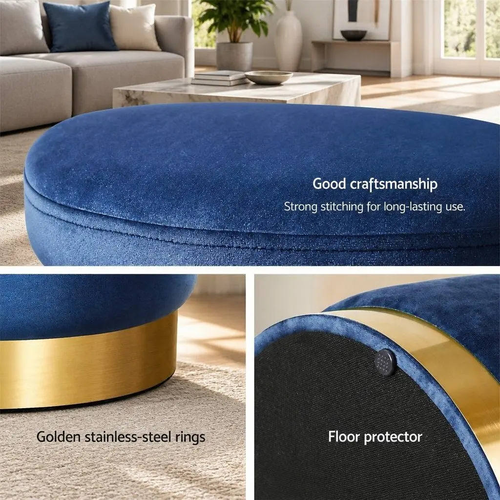 Ottoman Foot Stool Round Velvet Navy Tufted 38cm MDF Plywood Foam Padding Stainless Steel Gold Rings