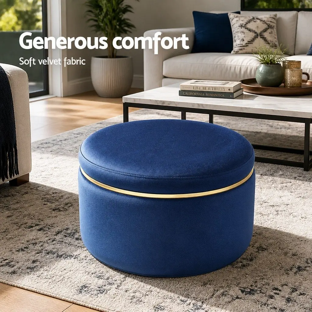 Ottoman Foot Stool Round Velvet Navy Tufted 38cm MDF Plywood Foam Padding Stainless Steel Gold Rings