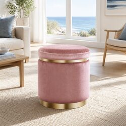 Pink Velvet Round Ottoman Footstool with Gold Accents