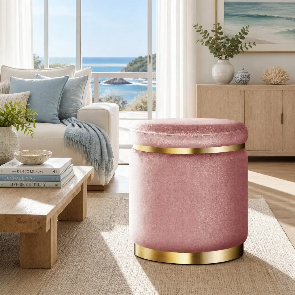 Pink Velvet Round Ottoman Footstool with Gold Accents
