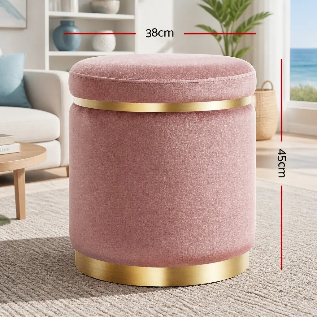 Pink Velvet Round Ottoman Footstool with Gold Accents