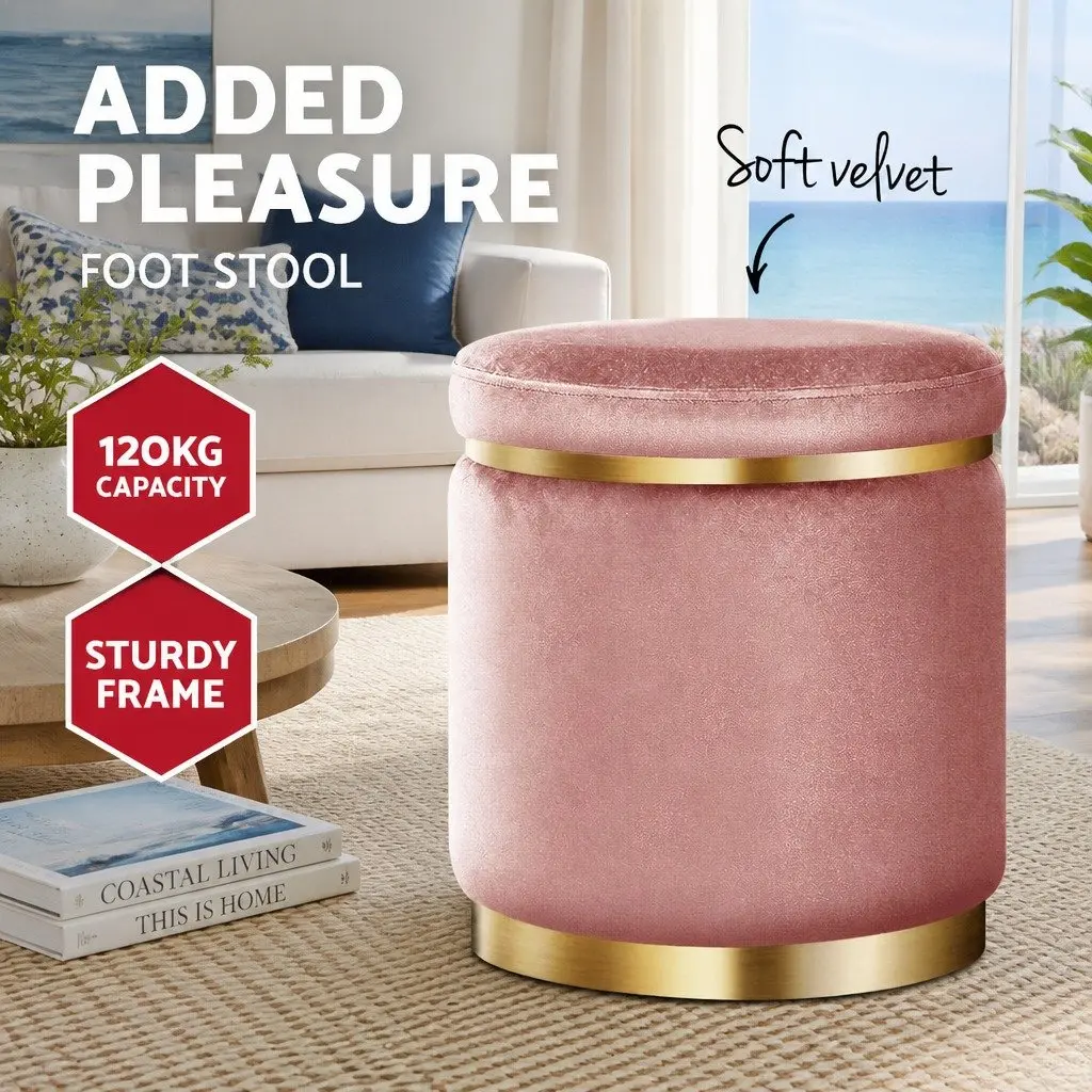 Pink Velvet Round Ottoman Footstool with Gold Accents