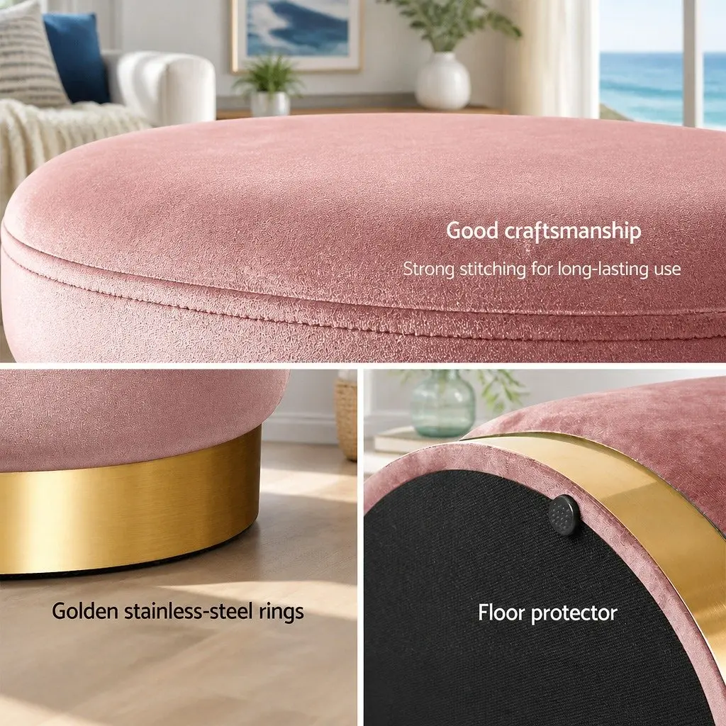 Pink Velvet Round Ottoman Footstool with Gold Accents
