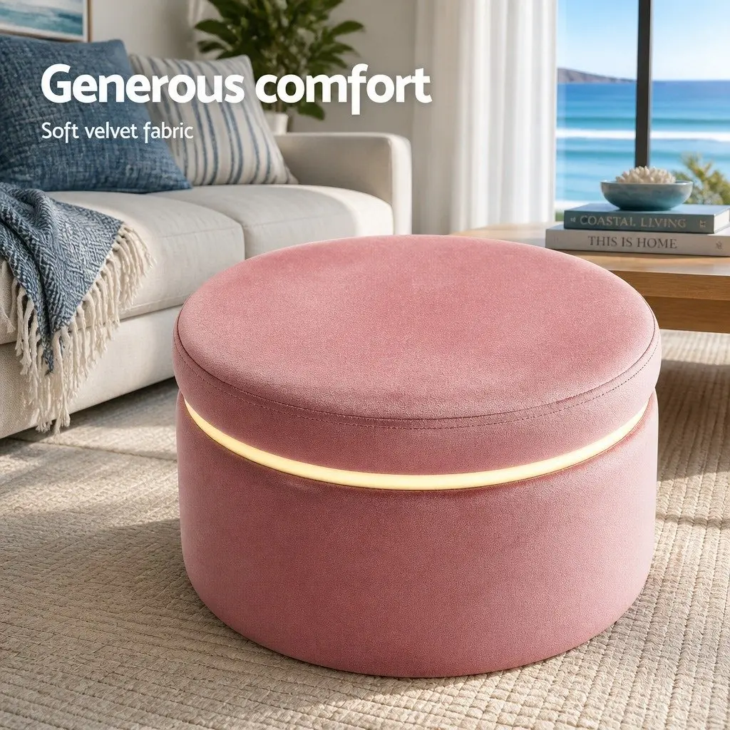 Pink Velvet Round Ottoman Footstool with Gold Accents