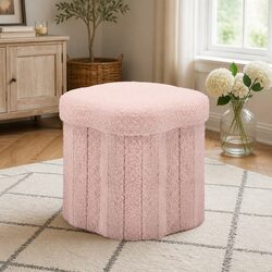Foldable Pink Boucle Fabric Storage Ottoman