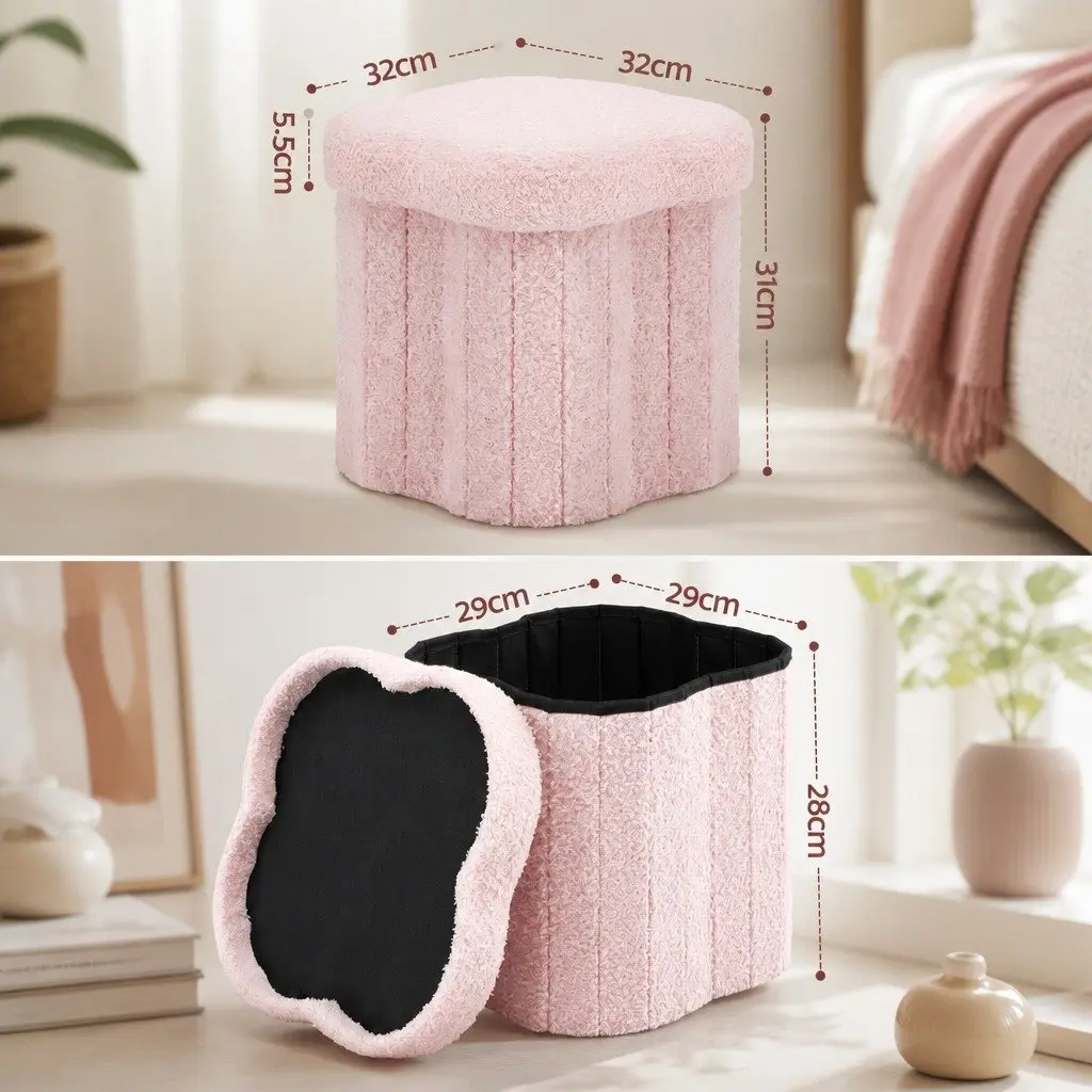Foldable Pink Boucle Fabric Storage Ottoman