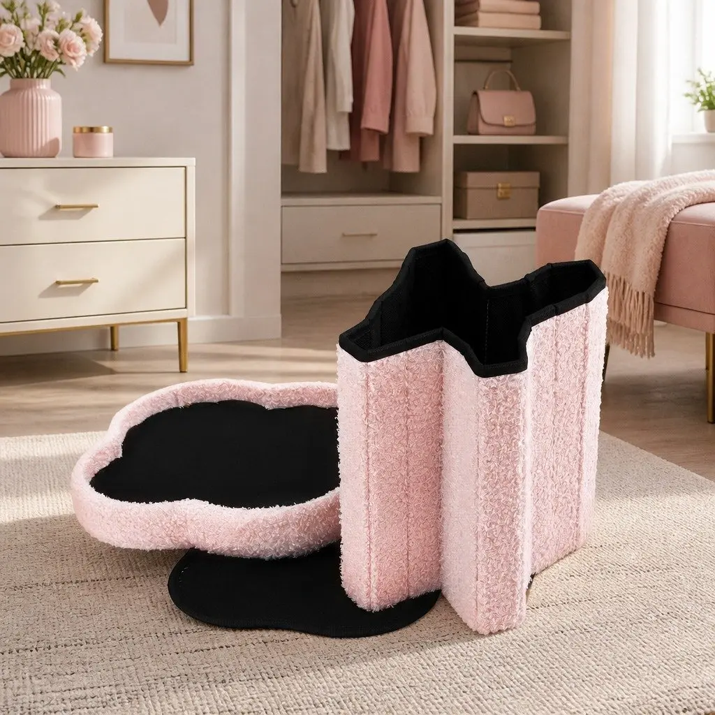 Foldable Pink Boucle Fabric Storage Ottoman