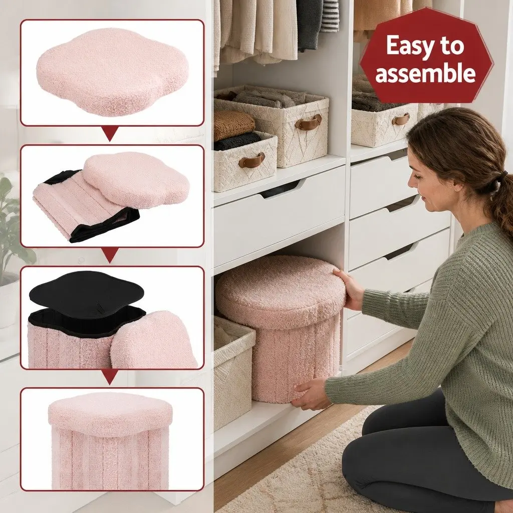 Foldable Pink Boucle Fabric Storage Ottoman
