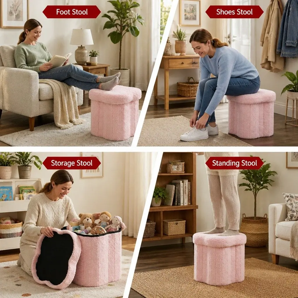 Foldable Pink Boucle Fabric Storage Ottoman