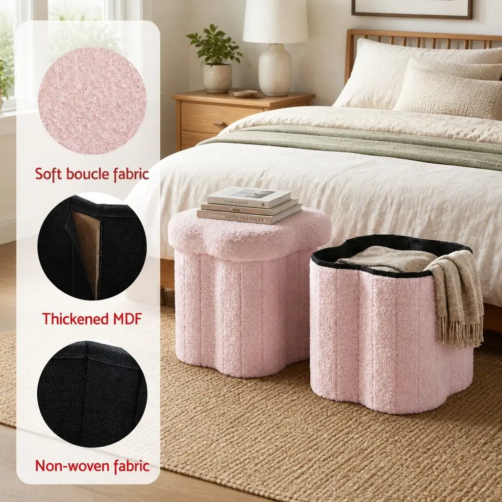 Foldable Pink Boucle Fabric Storage Ottoman