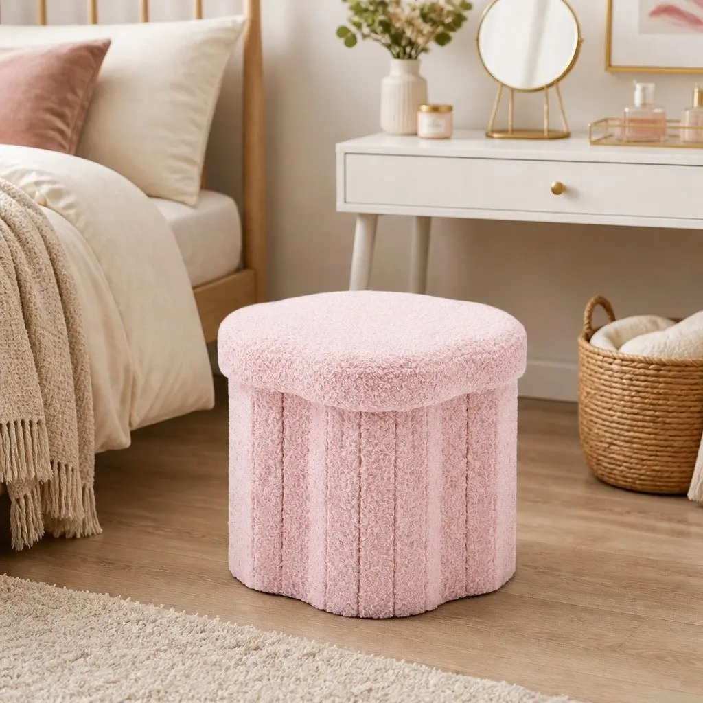 Foldable Pink Boucle Fabric Storage Ottoman