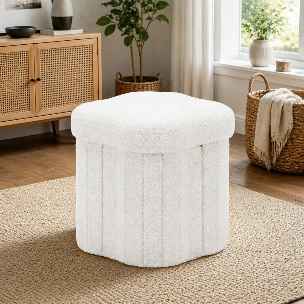 Foldable White Boucle Storage Ottoman Footstool