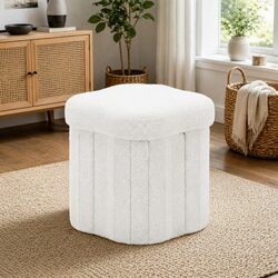 Foldable White Boucle Storage Ottoman Footstool