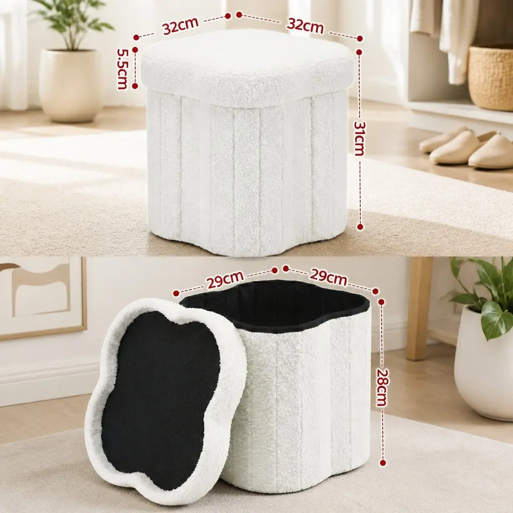Foldable White Boucle Storage Ottoman Footstool
