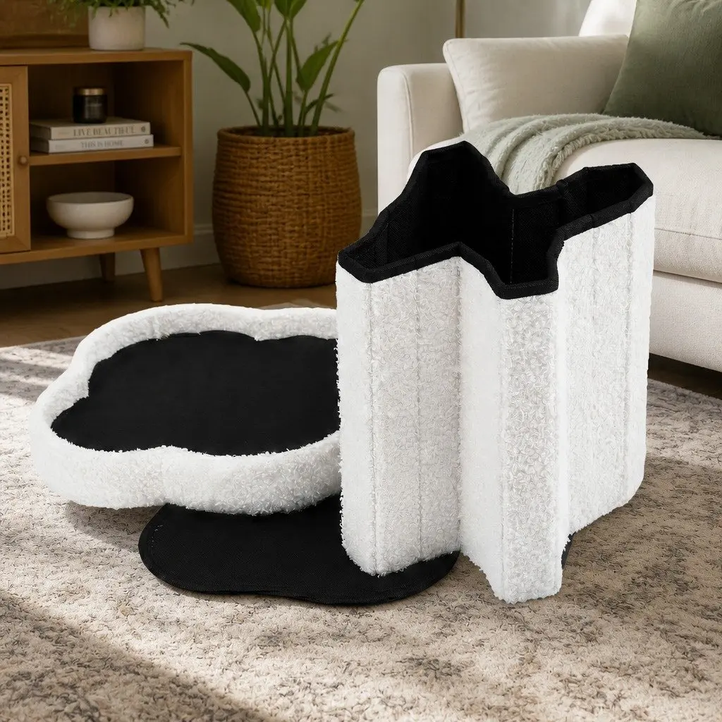 Foldable White Boucle Storage Ottoman Footstool