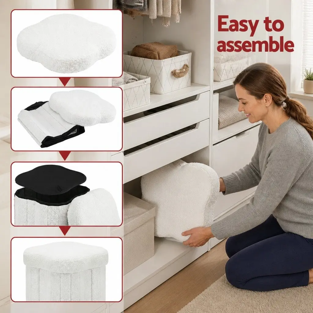 Foldable White Boucle Storage Ottoman Footstool
