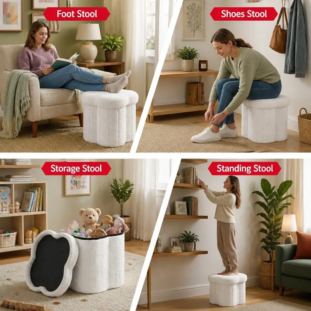 Foldable White Boucle Storage Ottoman Footstool