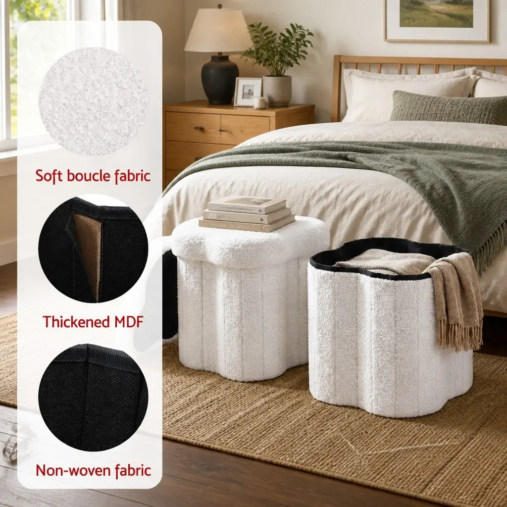 Foldable White Boucle Storage Ottoman Footstool