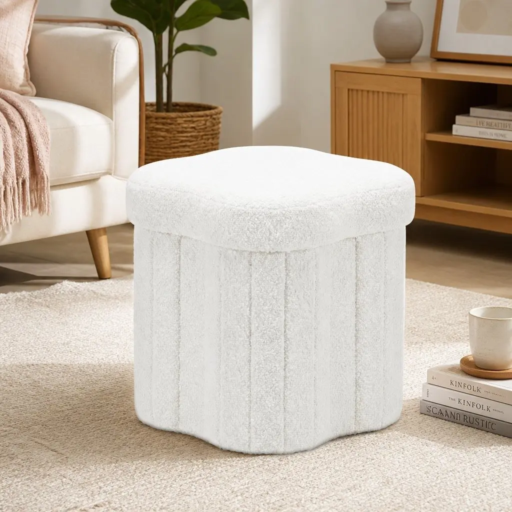 Foldable White Boucle Storage Ottoman Footstool