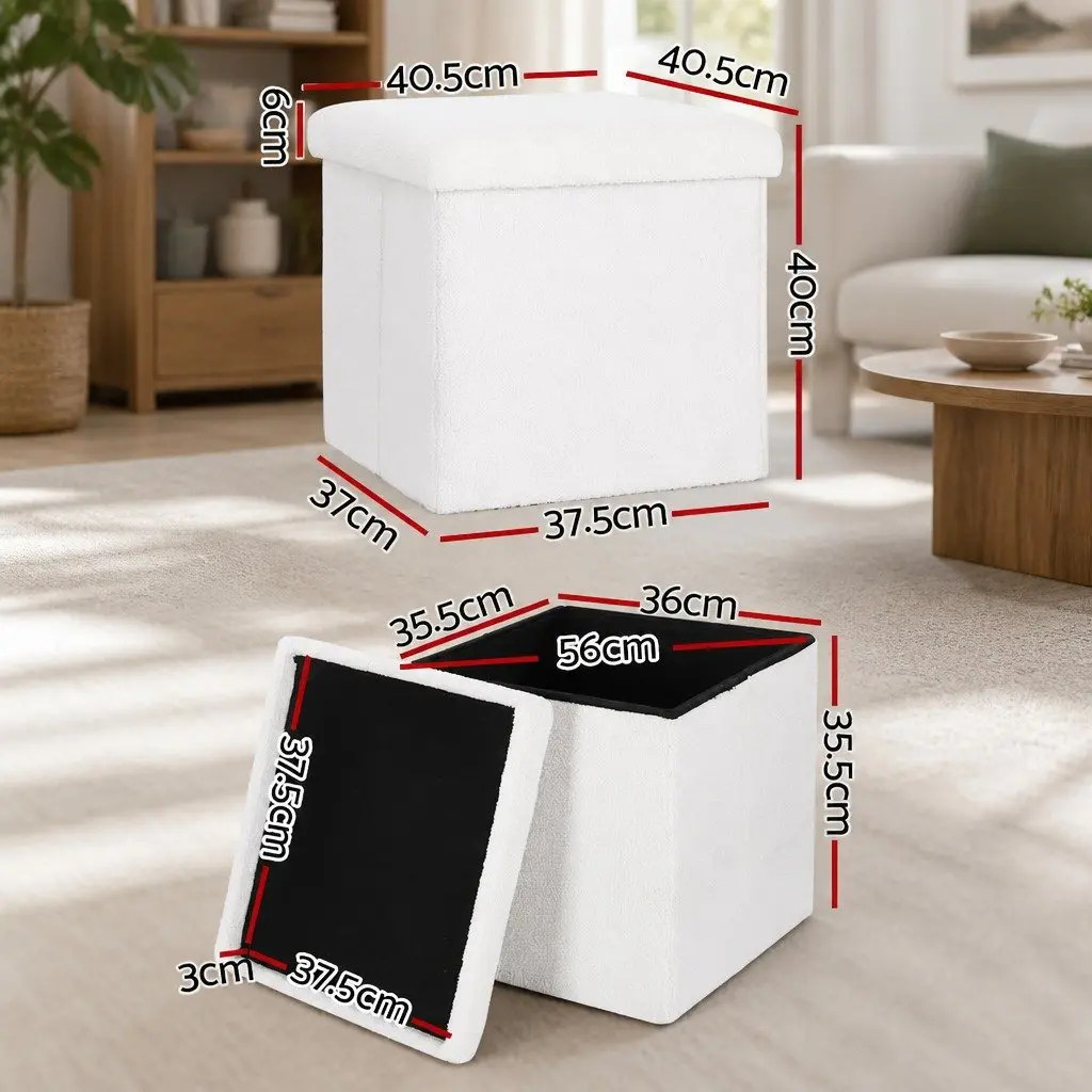 Ottoman Storage Foot Stool Square White Boucle 40.5cm MDF
