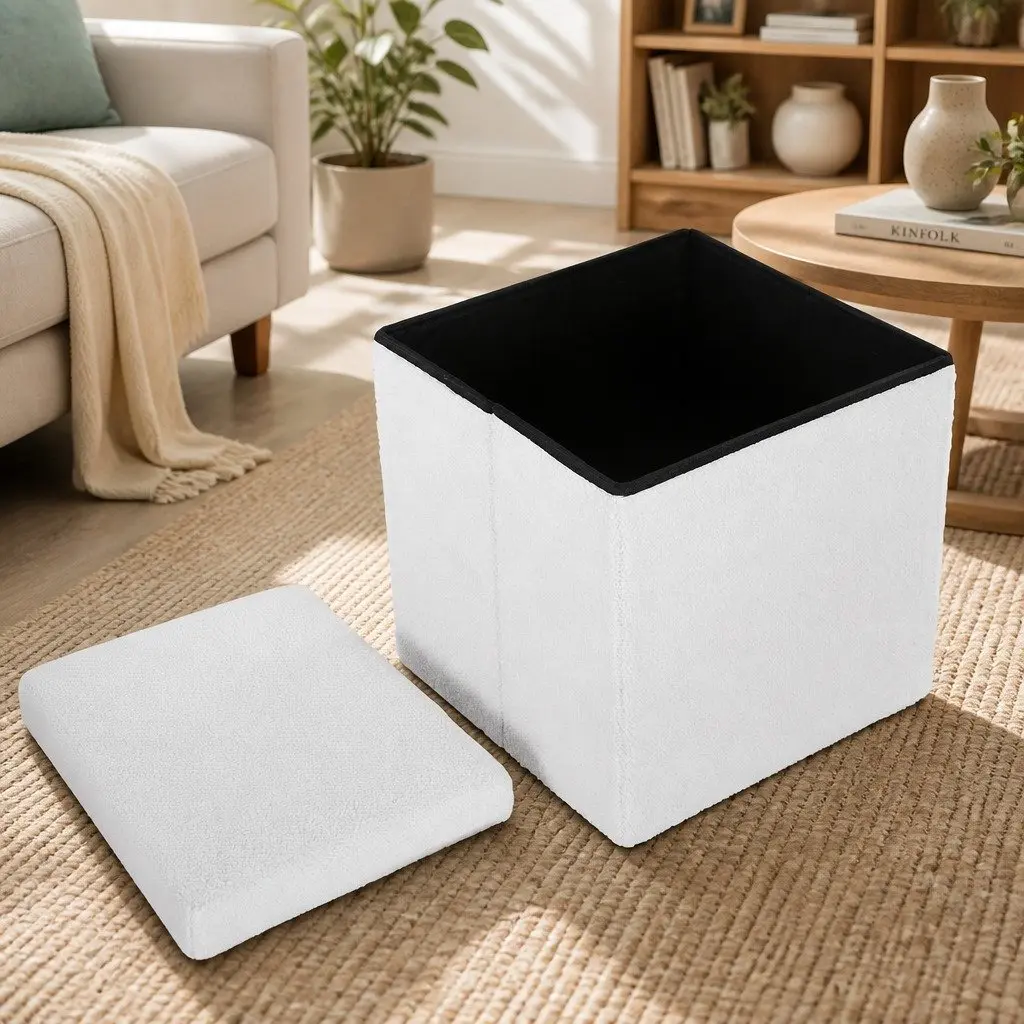 Ottoman Storage Foot Stool Square White Boucle 40.5cm MDF