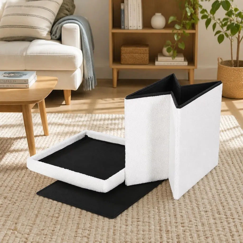 Ottoman Storage Foot Stool Square White Boucle 40.5cm MDF