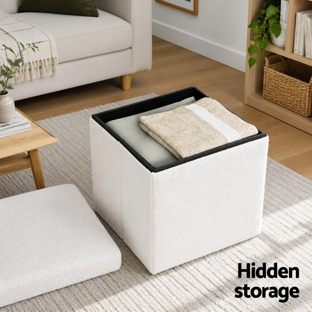 Ottoman Storage Foot Stool Square White Boucle 40.5cm MDF
