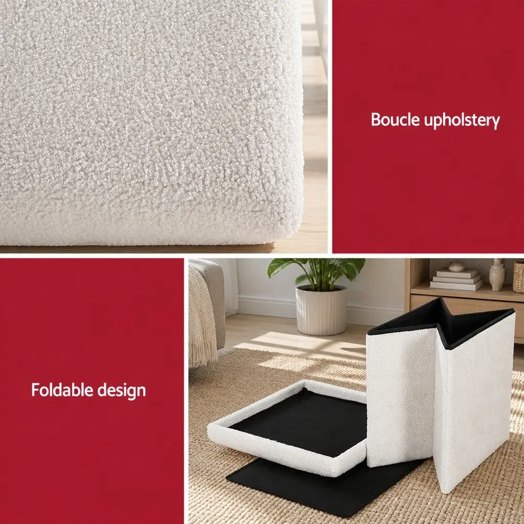 Ottoman Storage Foot Stool Square White Boucle 40.5cm MDF