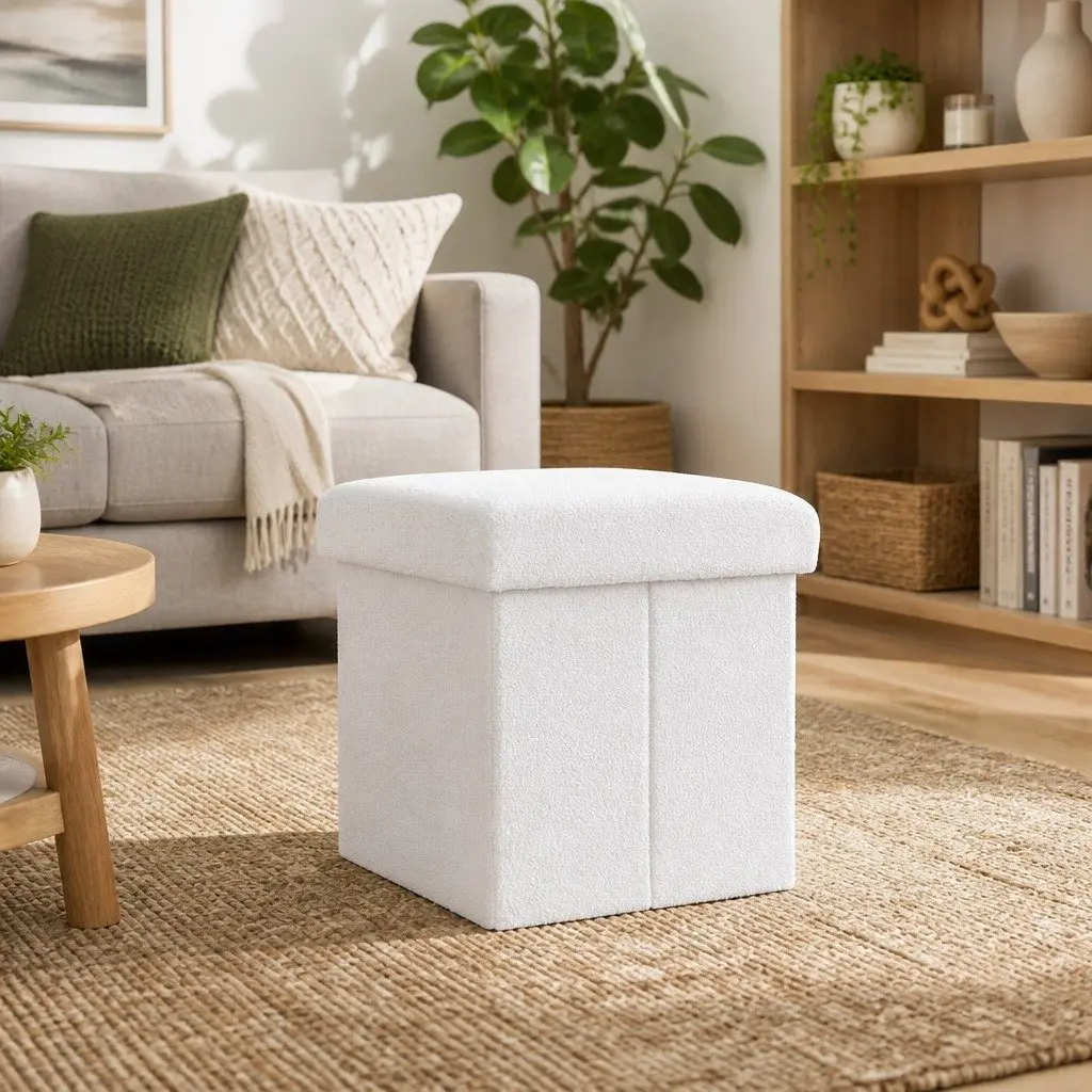 Ottoman Storage Foot Stool Square White Boucle 40.5cm MDF