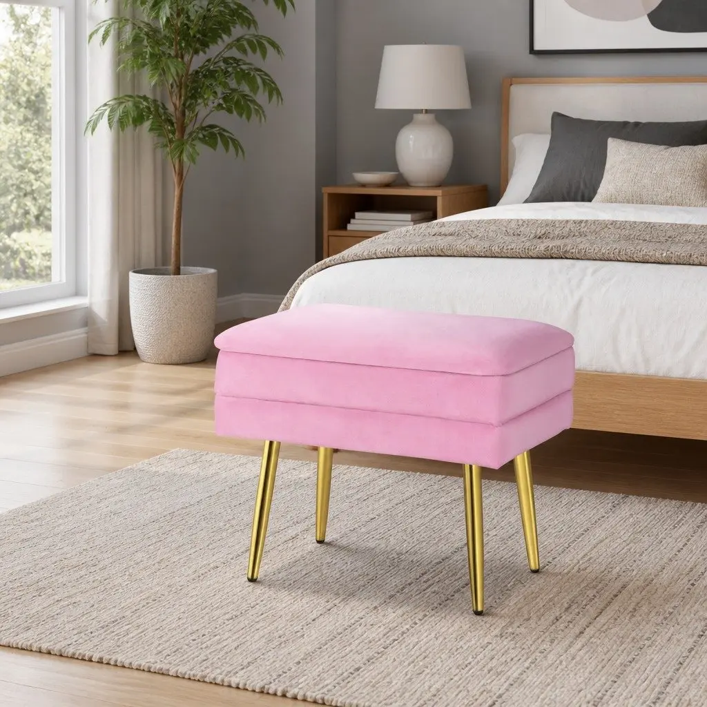 Ottoman Storage Foot Stool Velvet Pink Upholstered Seat Detachable Lid Metal Legs