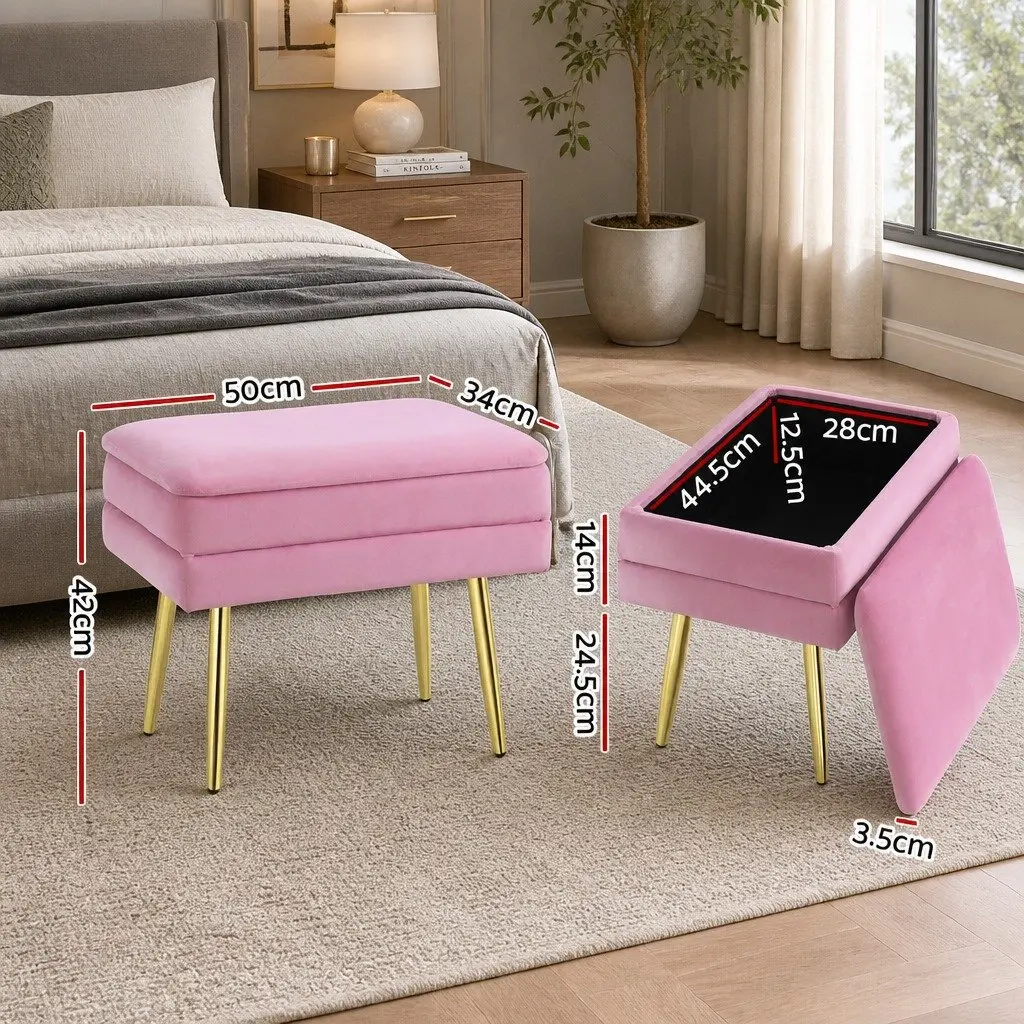 Ottoman Storage Foot Stool Velvet Pink Upholstered Seat Detachable Lid Metal Legs
