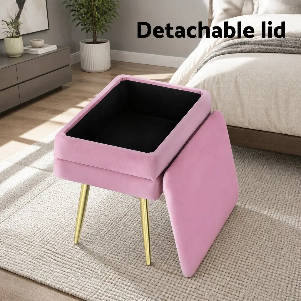 Ottoman Storage Foot Stool Velvet Pink Upholstered Seat Detachable Lid Metal Legs