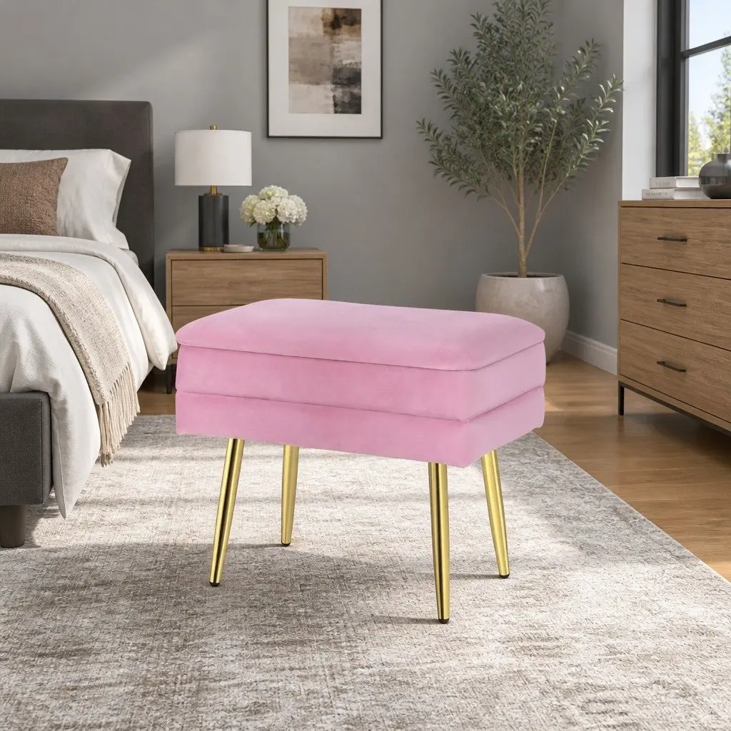 Ottoman Storage Foot Stool Velvet Pink Upholstered Seat Detachable Lid Metal Legs