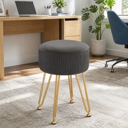 Grey Velvet Round Ottoman Storage Footstool