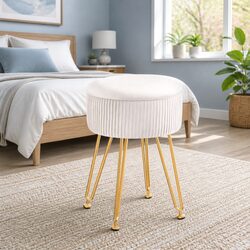 Velvet White Round Ottoman Footstool with Storage