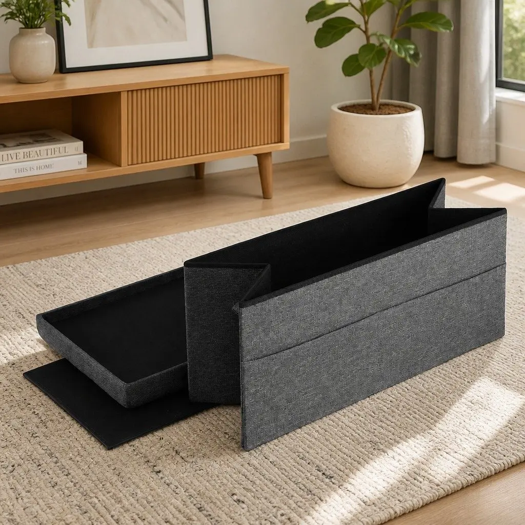 Grey Foldable Storage Ottoman Foot Stool with Hidden Space