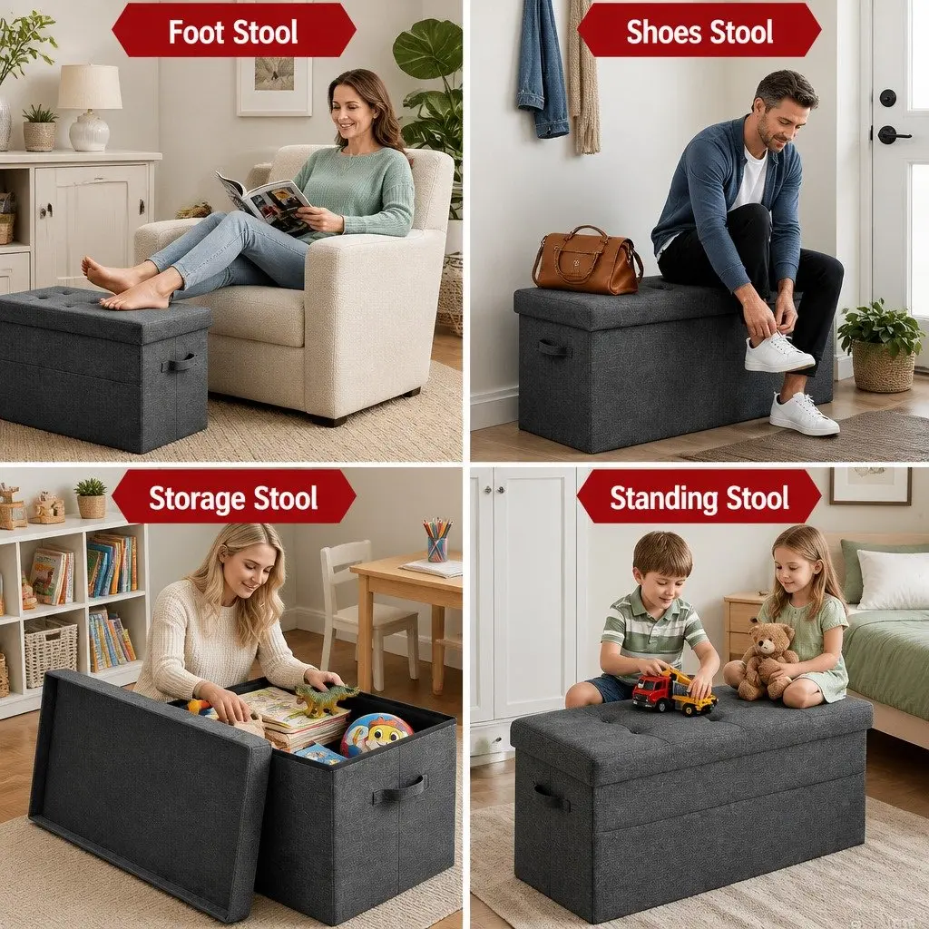Grey Foldable Storage Ottoman Foot Stool with Hidden Space