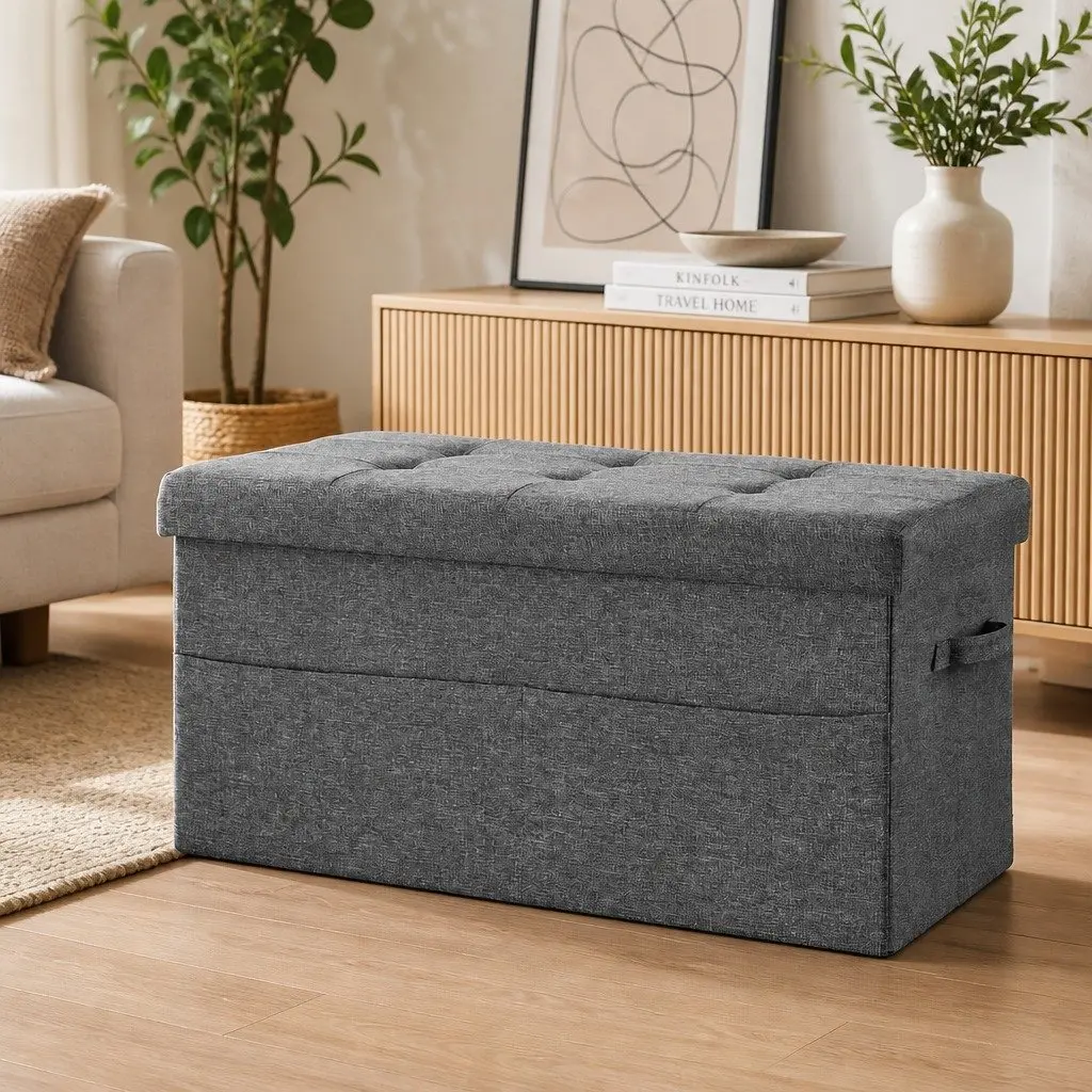 Grey Foldable Storage Ottoman Foot Stool with Hidden Space