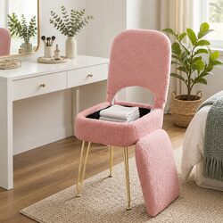 Storage Ottoman Vanity Stool with Folding Backrest Pink Footstool Bedroom