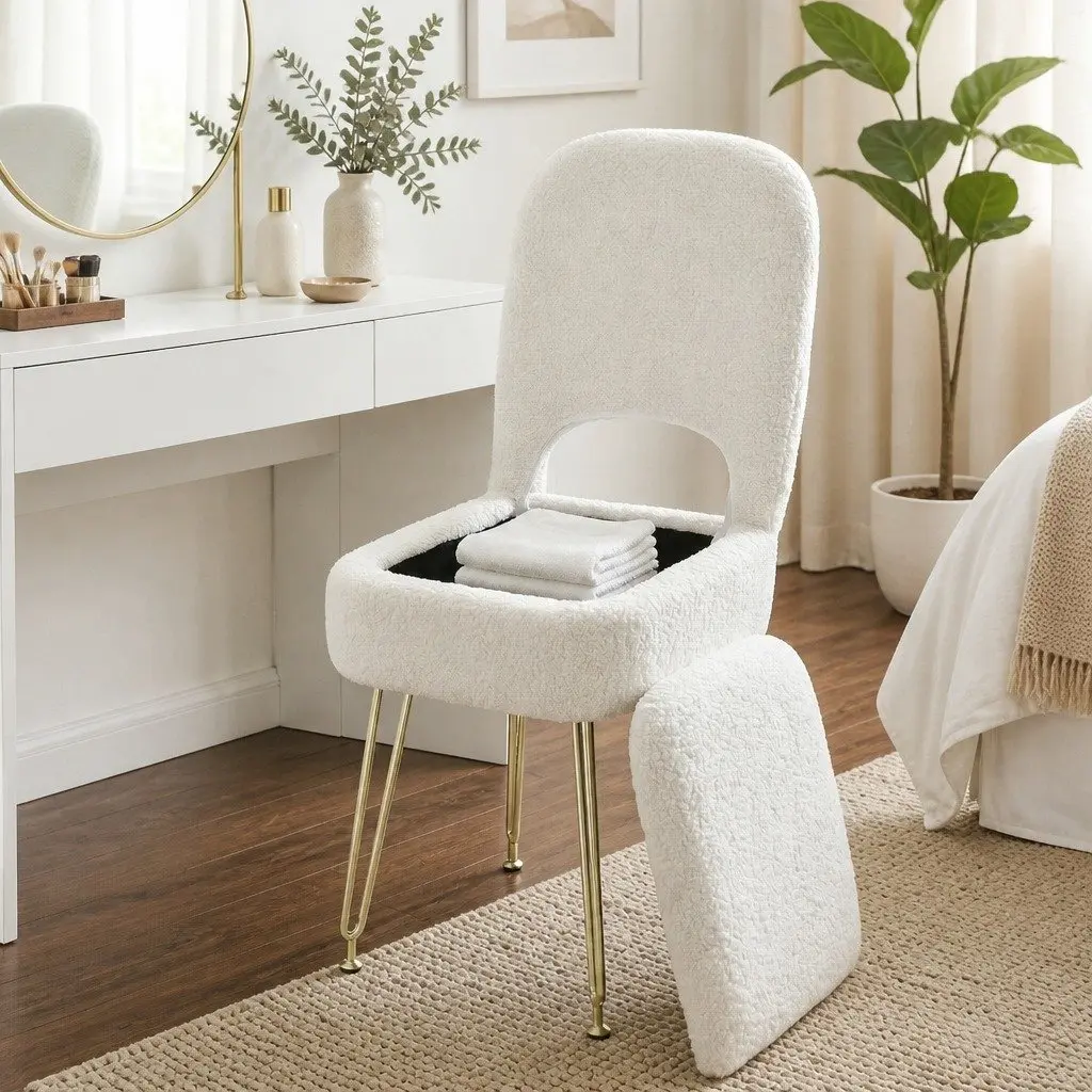Storage Ottoman Folding Footstool with Backrest White MDF Sherpa