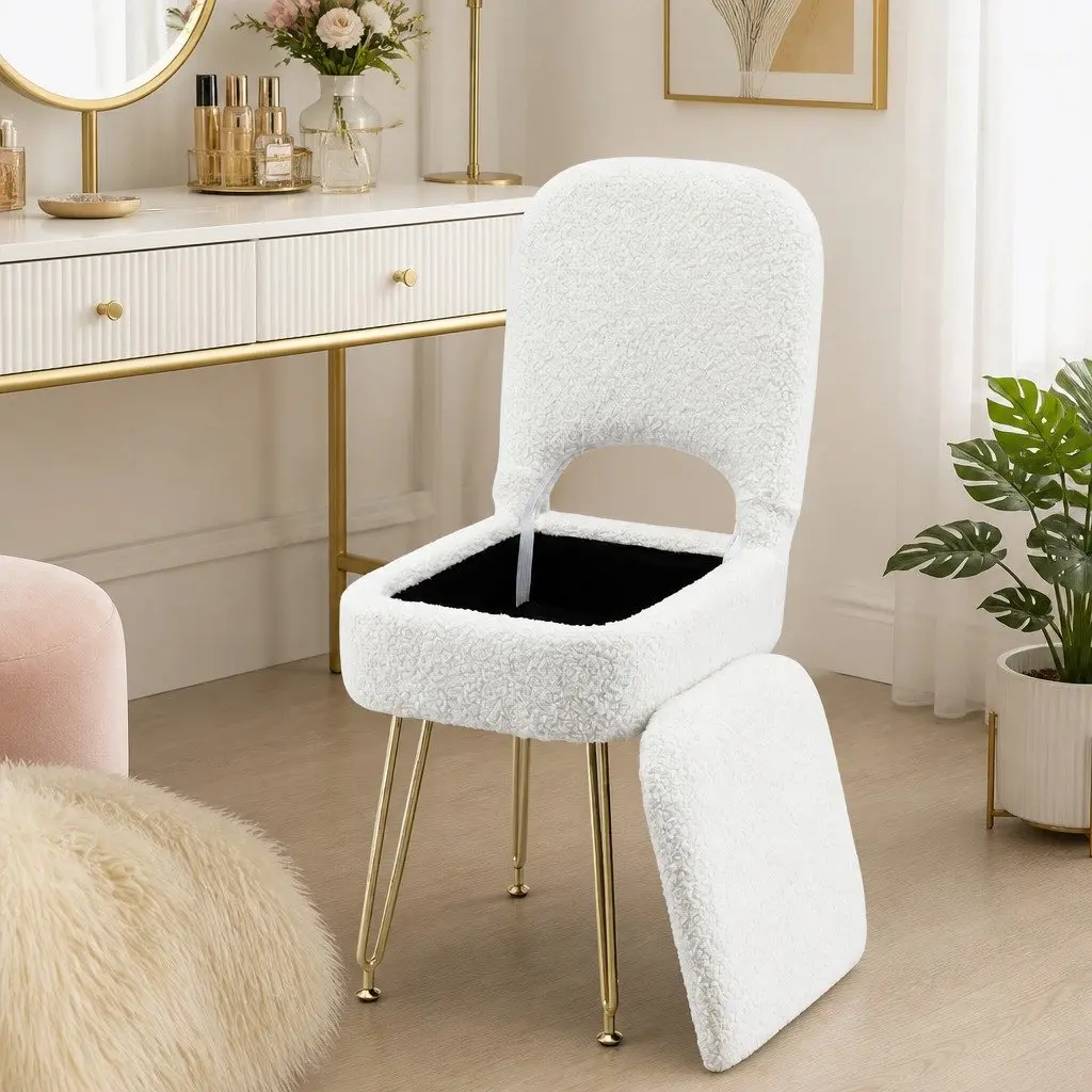 Storage Ottoman Folding Footstool with Backrest White MDF Sherpa
