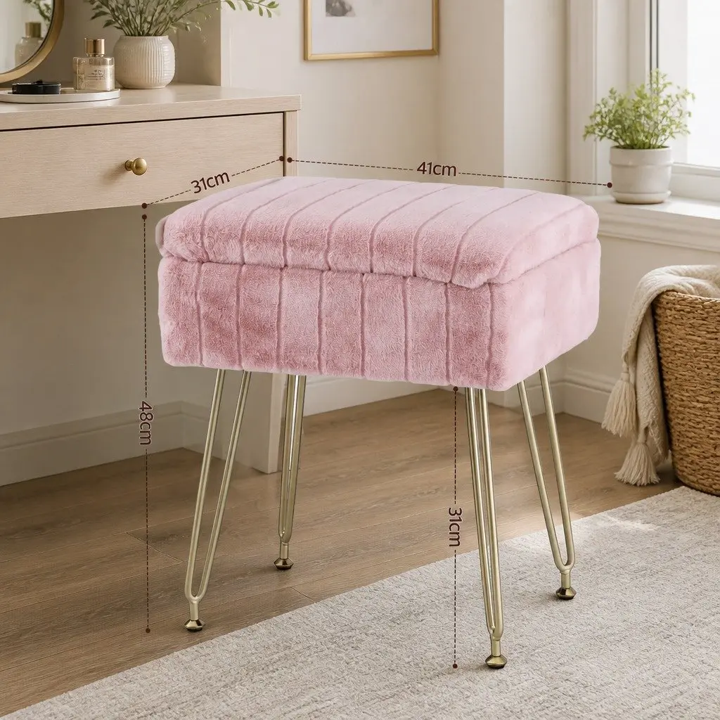 Storage Ottoman Pink Faux Fur Rectangle with Reversible Table Lid Hidden Storage