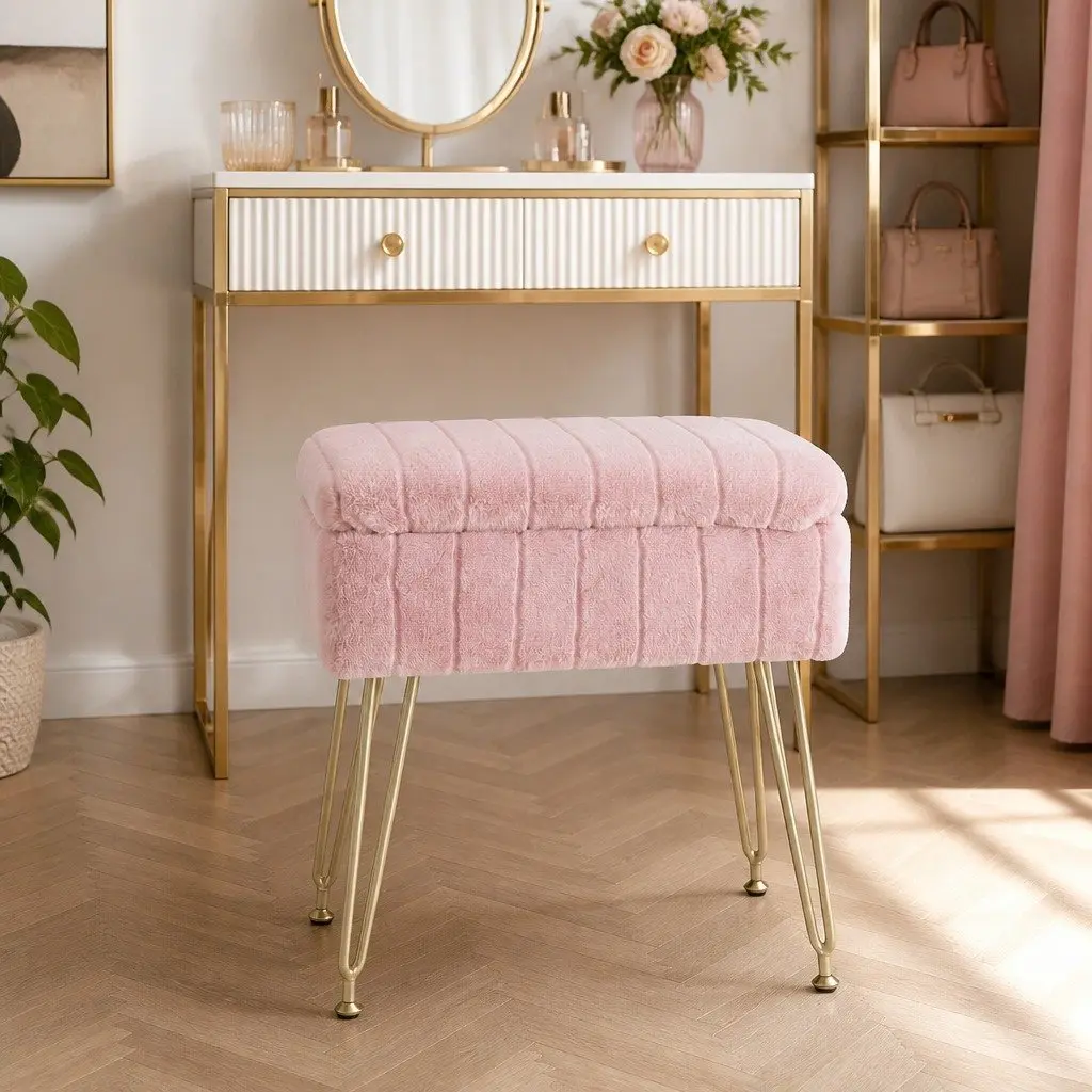 Storage Ottoman Pink Faux Fur Rectangle with Reversible Table Lid Hidden Storage