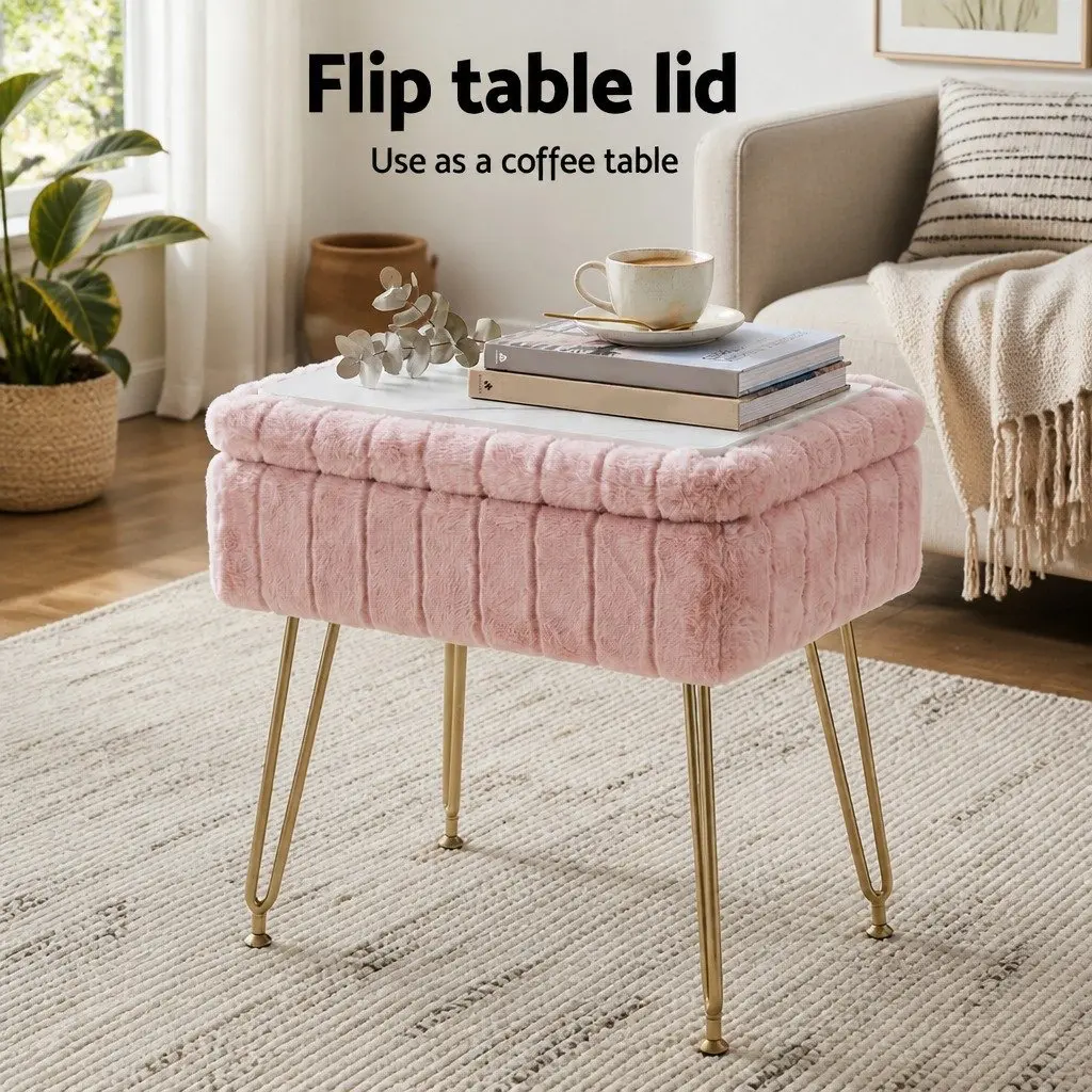 Storage Ottoman Pink Faux Fur Rectangle with Reversible Table Lid Hidden Storage
