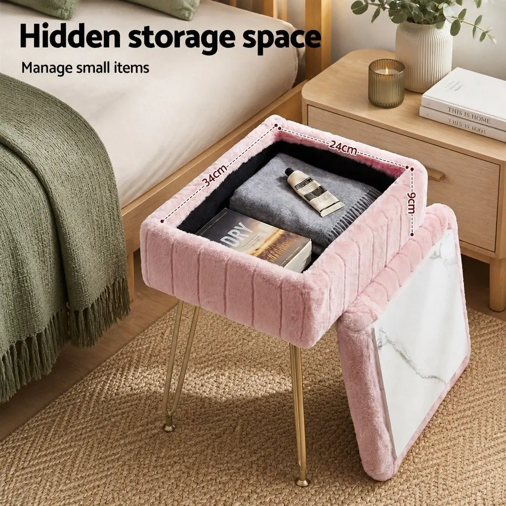Storage Ottoman Pink Faux Fur Rectangle with Reversible Table Lid Hidden Storage