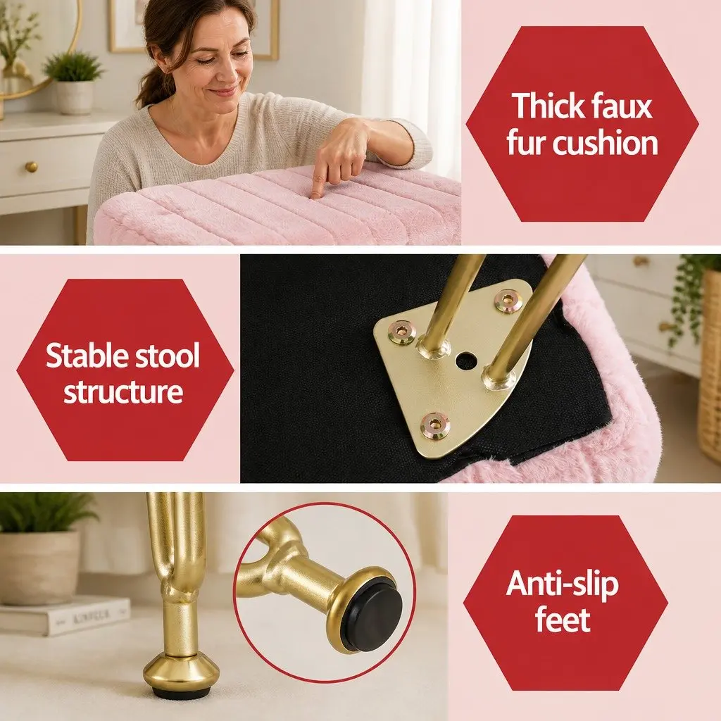 Storage Ottoman Pink Faux Fur Rectangle with Reversible Table Lid Hidden Storage