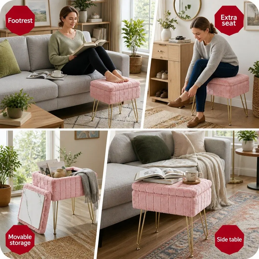 Storage Ottoman Pink Faux Fur Rectangle with Reversible Table Lid Hidden Storage
